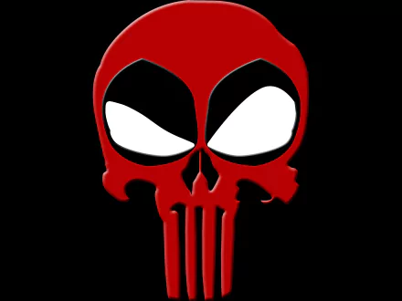 HD desktop wallpaper featuring a stylized red and black skull logo, blending elements of the Punisher and Deadpool from comic books.
