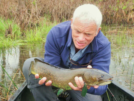 HD desktop wallpaper featuring a scene from the TV show River Monsters, showing a man holding a large fish near a grassy waterway.