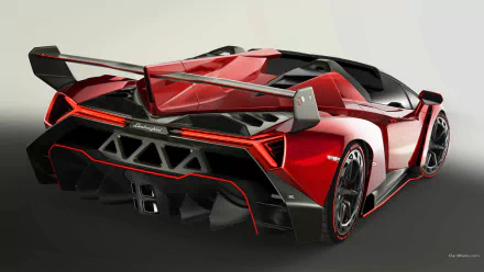 HD PC desktop wallpaper featuring a striking red Lamborghini Veneno Roadster showcasing its aggressive rear design and aerodynamic features.