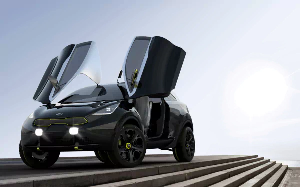 HD PC desktop wallpaper featuring the 2013 Kia Niro Concept vehicle with futuristic design and upward-opening doors set against a bright, minimalist background.