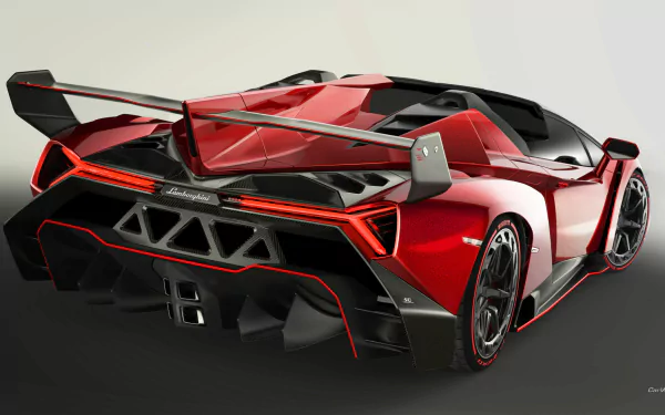 HD PC desktop wallpaper featuring a striking red Lamborghini Veneno Roadster showcasing its aggressive rear design and aerodynamic features.