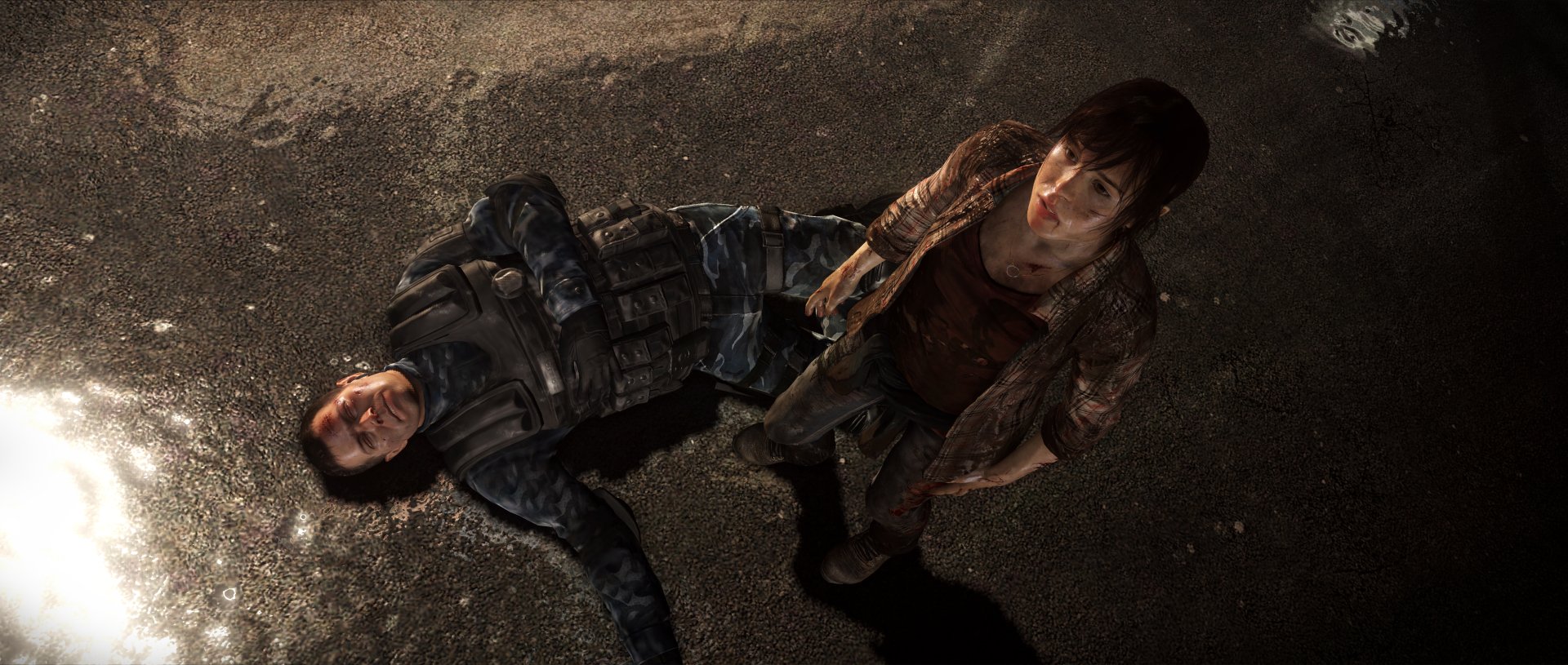 4K Ultra HD PC desktop wallpaper featuring characters from the video game Beyond: Two Souls, with a dramatic overhead view and dark, textured background.