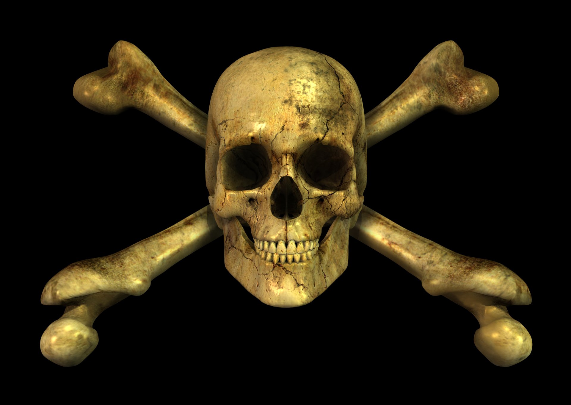 HD PC desktop wallpaper featuring a detailed skull and crossed bones against a dark black background.