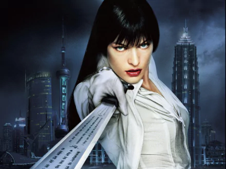 HD PC desktop wallpaper featuring a striking character from the movie Ultraviolet, set against a futuristic city skyline at night.