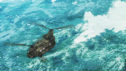 HD desktop wallpaper featuring a military Boeing CH-47 Chinook helicopter flying over a vast ocean under a partly cloudy sky.