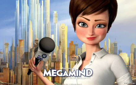 A vibrant HD desktop wallpaper featuring a character from the movie MegaMind, holding a microphone against a backdrop of a futuristic city skyline.