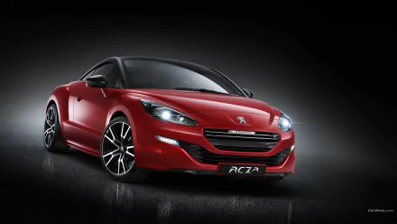 HD PC desktop wallpaper featuring a sleek red Peugeot RCZ sports car with a black roof, showcased against a dark background.