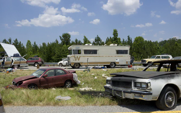 A desolate scene from The Walking Dead, featuring abandoned vehicles and an RV amidst overgrown grass under a clear blue sky, capturing the show's post-apocalyptic setting.