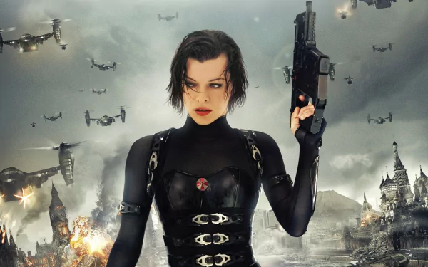 Milla Jovovich stars in this dynamic HD wallpaper from *Resident Evil: Retribution*, featuring her in a striking pose against an apocalyptic backdrop.
