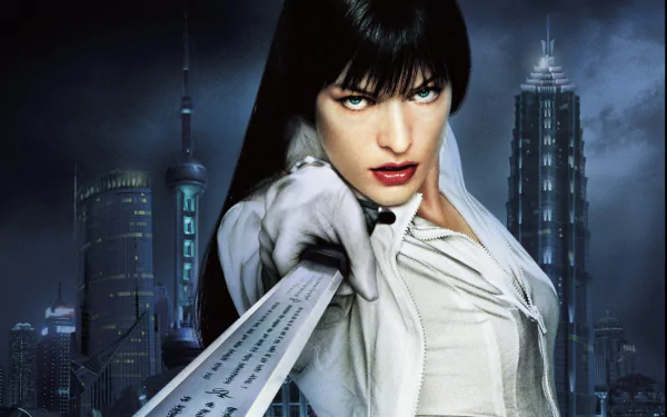 HD PC desktop wallpaper featuring a striking character from the movie Ultraviolet, set against a futuristic city skyline at night.