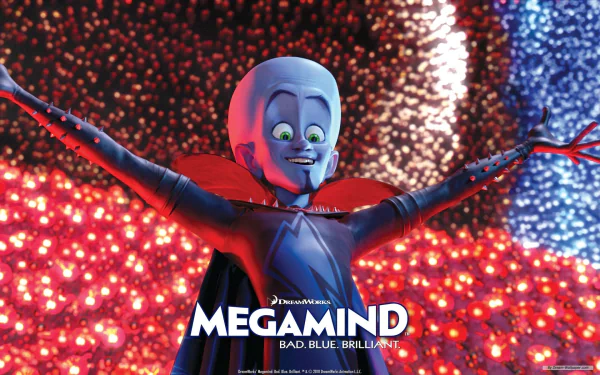 A vibrant HD wallpaper featuring Megamind, showcasing the character with a playful expression and colorful background, celebrating his witty charm from the movie Megamind.