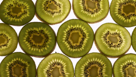 Close-up pattern of sliced kiwi fruit filling the frame — vibrant green food texture, 2K Quad HD PC desktop wallpaper background.