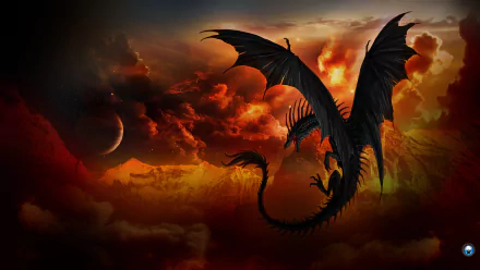 HD desktop wallpaper of a majestic black dragon flying against a vibrant sunset with clouds and a faint crescent moon in the background.