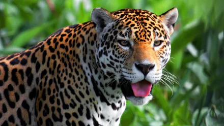 A close-up of a jaguar, showcasing its striking coat and expressive features, surrounded by lush greenery. This HD image serves as a captivating desktop wallpaper.
