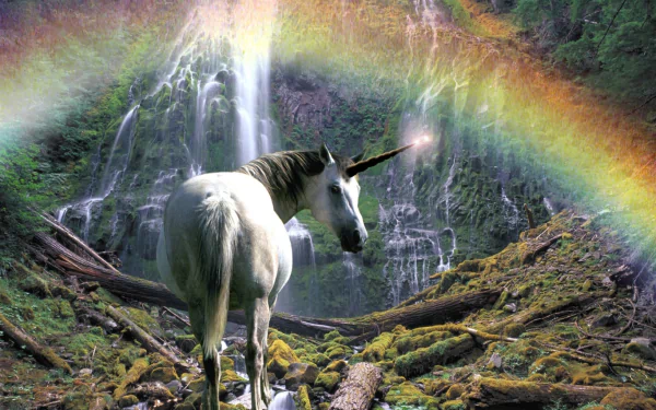 A majestic unicorn stands before a waterfall with a vibrant rainbow, serving as a captivating HD fantasy wallpaper.