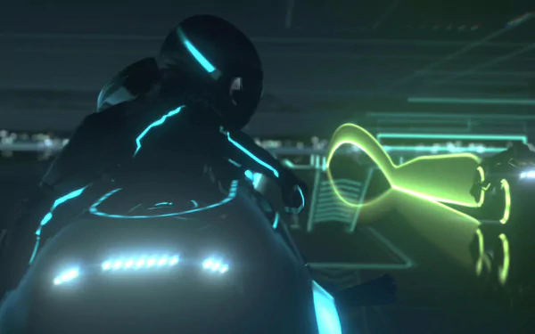 HD PC desktop wallpaper featuring a dynamic scene from the movie TRON: Legacy, showcasing glowing light cycles and neon-lit futuristic visuals.
