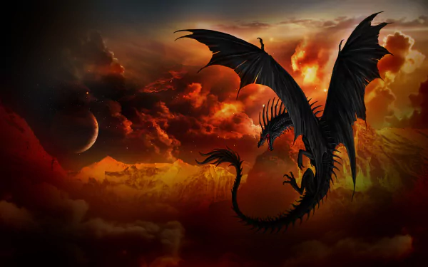 HD desktop wallpaper of a majestic black dragon flying against a vibrant sunset with clouds and a faint crescent moon in the background.