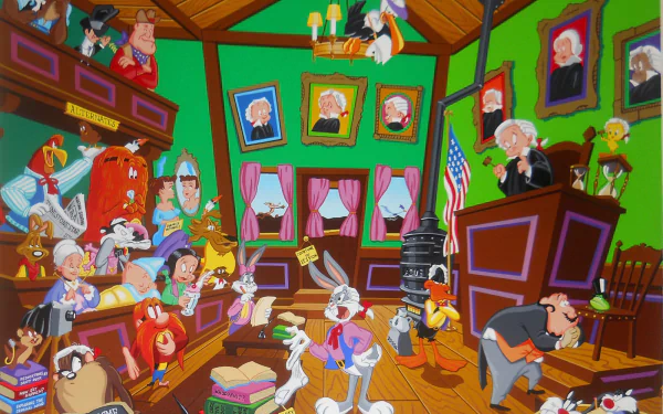 A vibrant Looney Tunes scene featuring iconic characters including Bugs Bunny, Daffy Duck, Sylvester, Pepé Le Pew, and Tasmanian Devil in a whimsical courtroom setting.