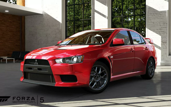 HD PC desktop wallpaper from Forza Motorsport 5: red sports sedan parked in a sunlit garage — video game background.