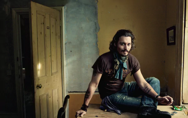 A 4K Ultra HD desktop wallpaper featuring Johnny Depp sitting on a table in a softly lit, rustic room, exuding a relaxed yet intriguing vibe.