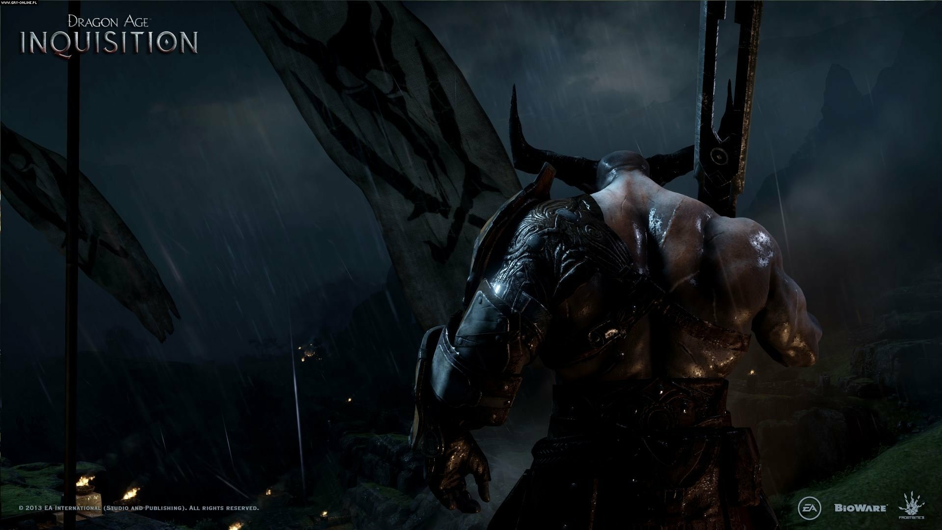 Video game — Dragon Age: Inquisition. HD PC desktop wallpaper and background showing a rain‑slick, horned demonic warrior looming over a dark, stormy battlefield.