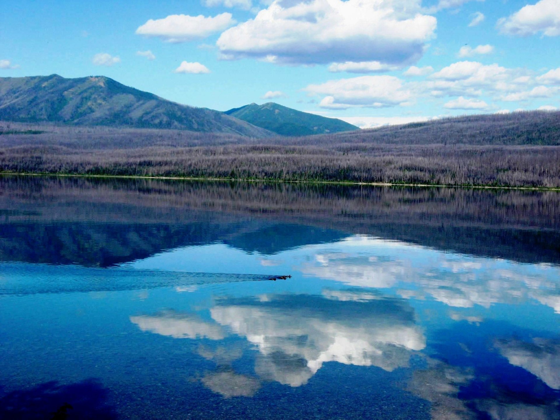 HD desktop wallpaper of Lake McDonald showcasing a serene landscape with clouds and sun reflected on the calm water surrounded by nature and distant mountains.