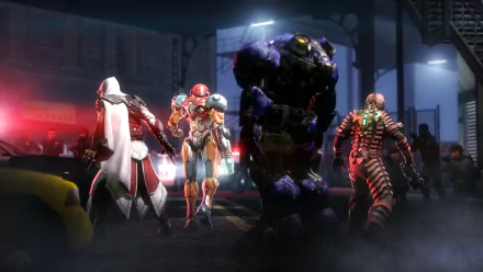 Video game collage HD PC desktop wallpaper background: armored heroine, cloaked assassin, hulking mech and armored soldier stand in a dim industrial hangar with mist and red lighting.