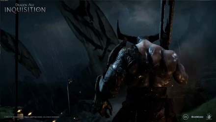 Video game — Dragon Age: Inquisition. HD PC desktop wallpaper and background showing a rain‑slick, horned demonic warrior looming over a dark, stormy battlefield.