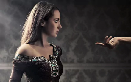 A dramatic HD wallpaper featuring celebrity Alison Brie, captured in a moment of intrigue, with soft lighting highlighting her profile against an elegant backdrop.