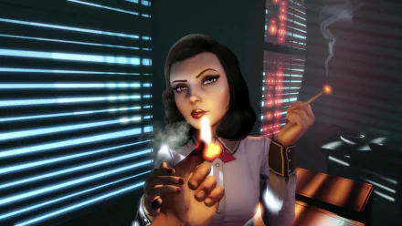 HD PC desktop wallpaper from the video game BioShock Infinite: Burial at Sea — noir Elizabeth lights a cigarette as neon blinds cast dramatic shadows.