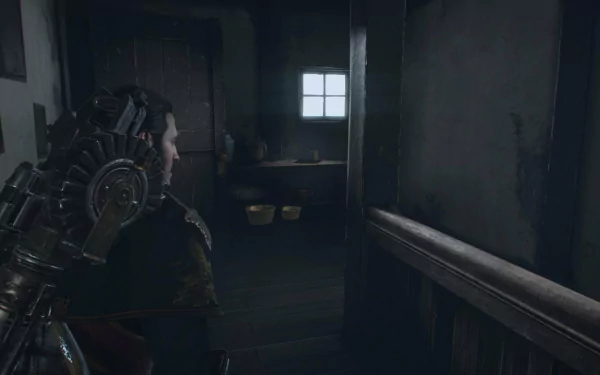 HD PC desktop wallpaper from the video game The Order: 1886 — lone armored figure with steam-powered gear stands in a dim Victorian corridor, light spilling from a distant window.