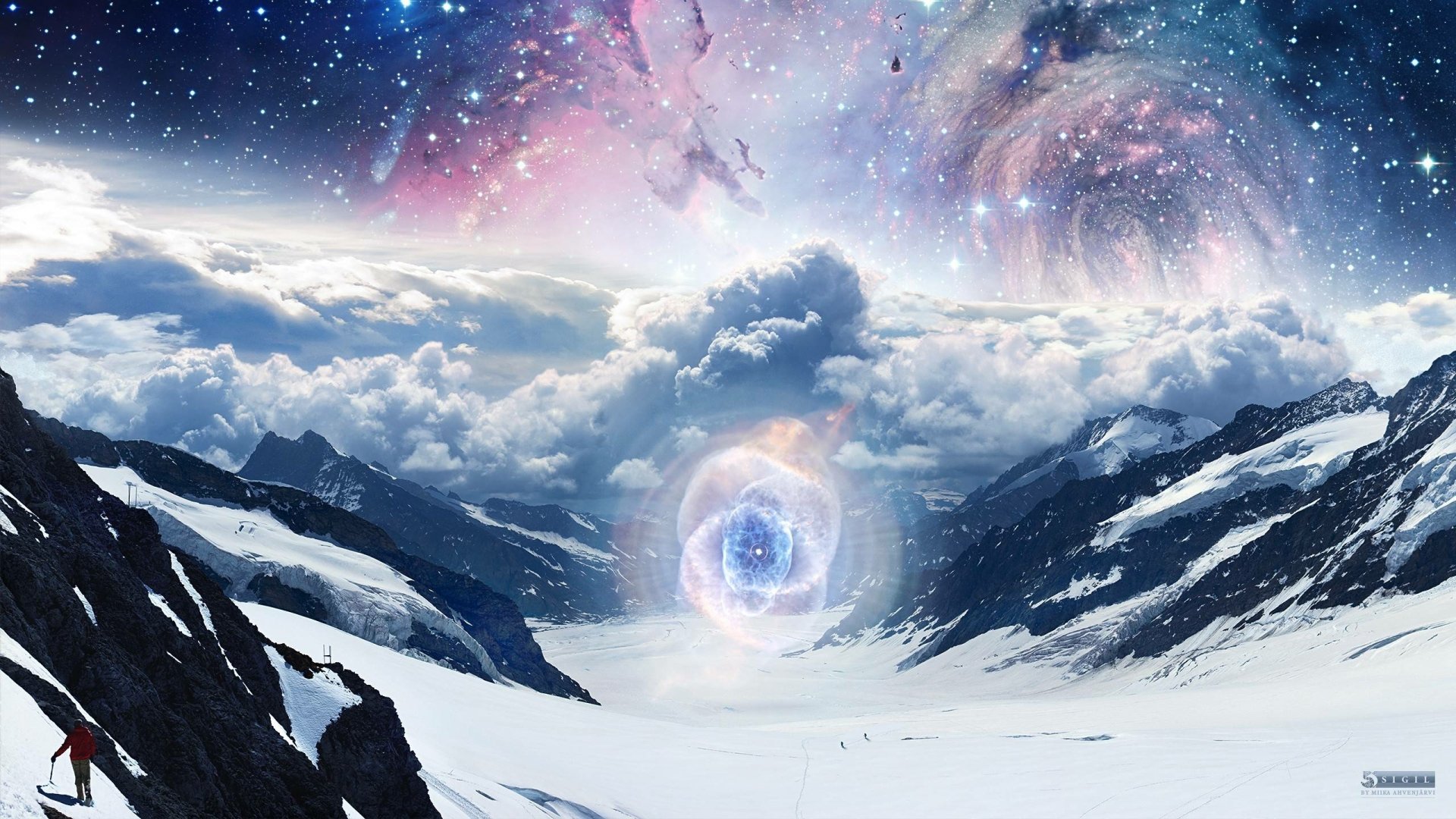 A stunning fantasy landscape featuring a dramatic snow-covered mountain range, ethereal clouds, and a cosmic portal, making for an engaging HD PC desktop wallpaper.