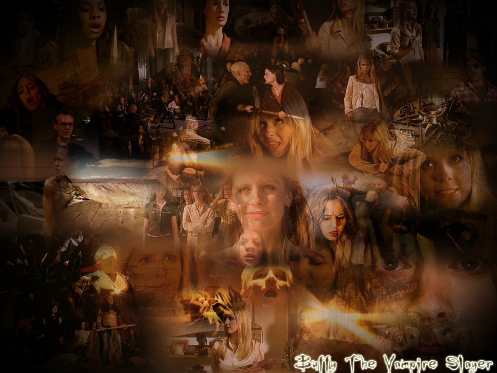 HD PC desktop wallpaper featuring a dark, moody collage of scenes and characters from the TV show Buffy the Vampire Slayer.
