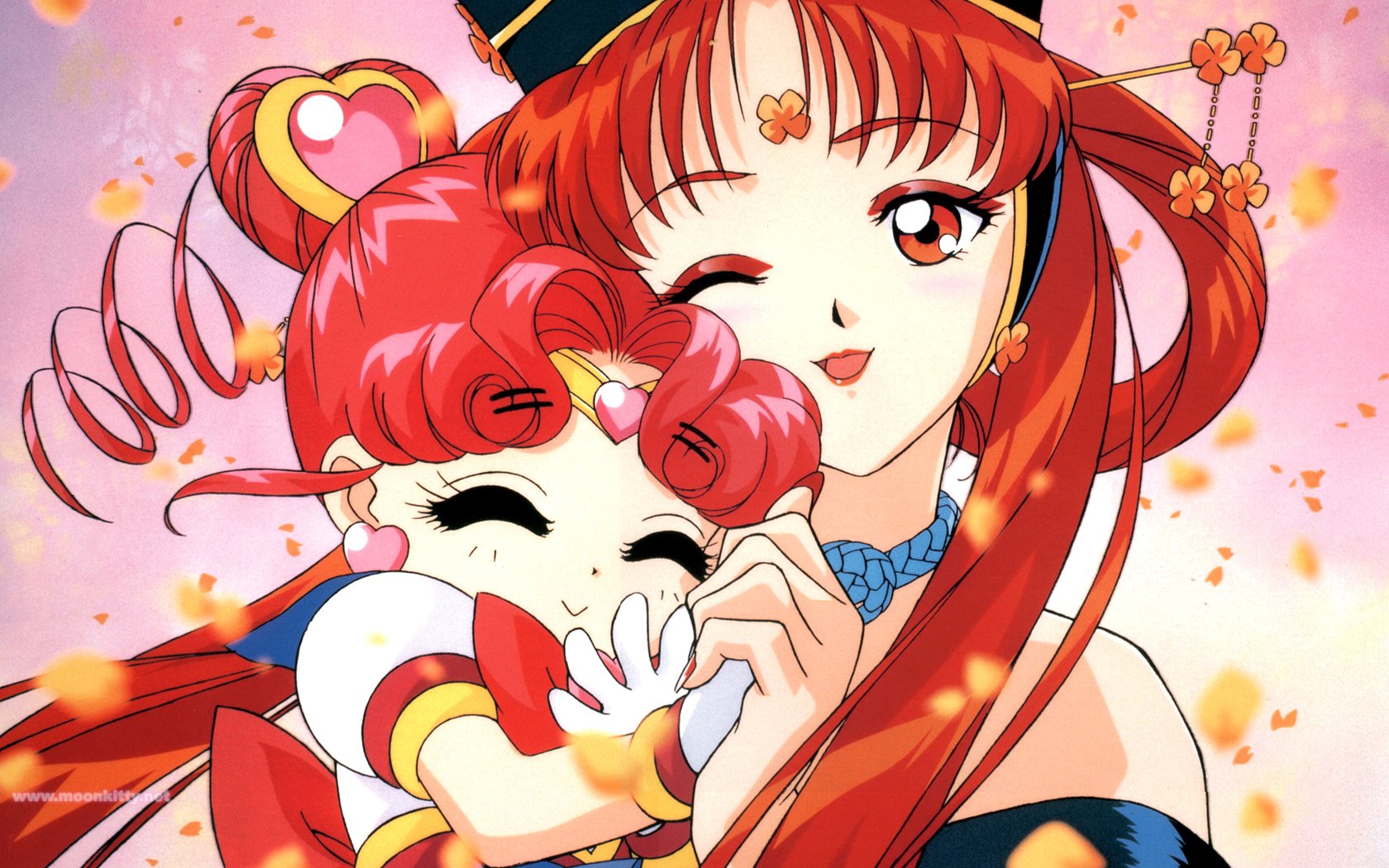 HD wallpaper featuring characters from Sailor Moon, showcasing a joyful moment between two beloved anime figures, surrounded by a shower of cherry blossom petals.