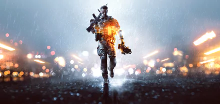 HD Battlefield 4 video game desktop wallpaper showing a heavily armed soldier running through rain with an urban battlefield backdrop.