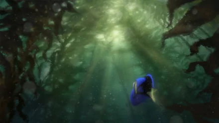 A vibrant HD wallpaper featuring Dory from *Finding Nemo* swimming through an enchanting underwater scene, illuminated by beams of light filtering through the water.