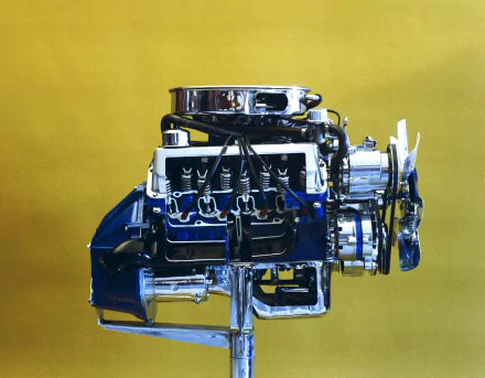 HD image of a Ford Mustang Boss 302 muscle car engine, showcasing the powerful motor and detailed vehicle components against a solid yellow background.