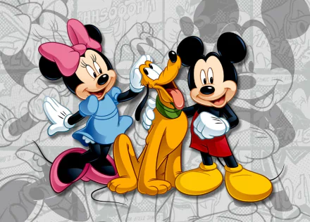 Disney's Mickey Mouse, Minnie Mouse, and Pluto are happily together on this HD desktop wallpaper and background, with a playful backdrop of comic-like sketches.