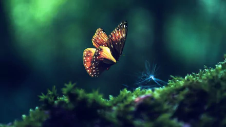 HD desktop wallpaper featuring a vibrant butterfly in flight above a lush green mossy background, capturing a serene and enchanting scene.
