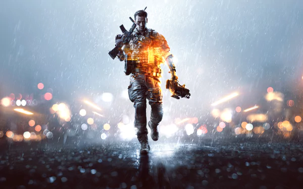 HD Battlefield 4 video game desktop wallpaper showing a heavily armed soldier running through rain with an urban battlefield backdrop.