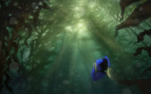 A vibrant HD wallpaper featuring Dory from *Finding Nemo* swimming through an enchanting underwater scene, illuminated by beams of light filtering through the water.