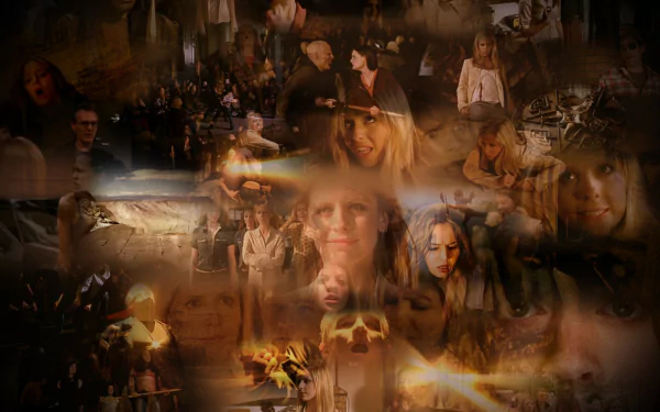HD PC desktop wallpaper featuring a dark, moody collage of scenes and characters from the TV show Buffy the Vampire Slayer.