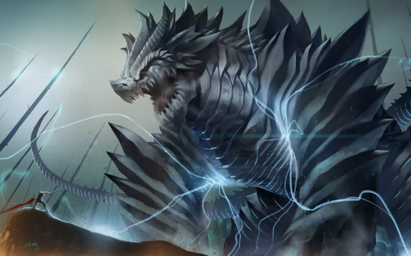 A powerful dragon towers over a landscape, its scales shimmering with electric blue energy. This captivating fantasy scene serves as an HD PC desktop wallpaper.