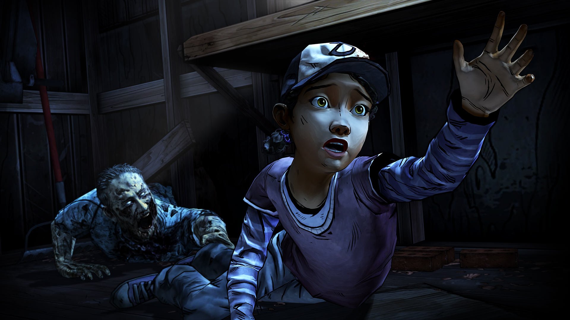 HD PC desktop wallpaper from the video game The Walking Dead: Season 2, featuring a character reaching out in a tense moment with a zombie crawling behind.