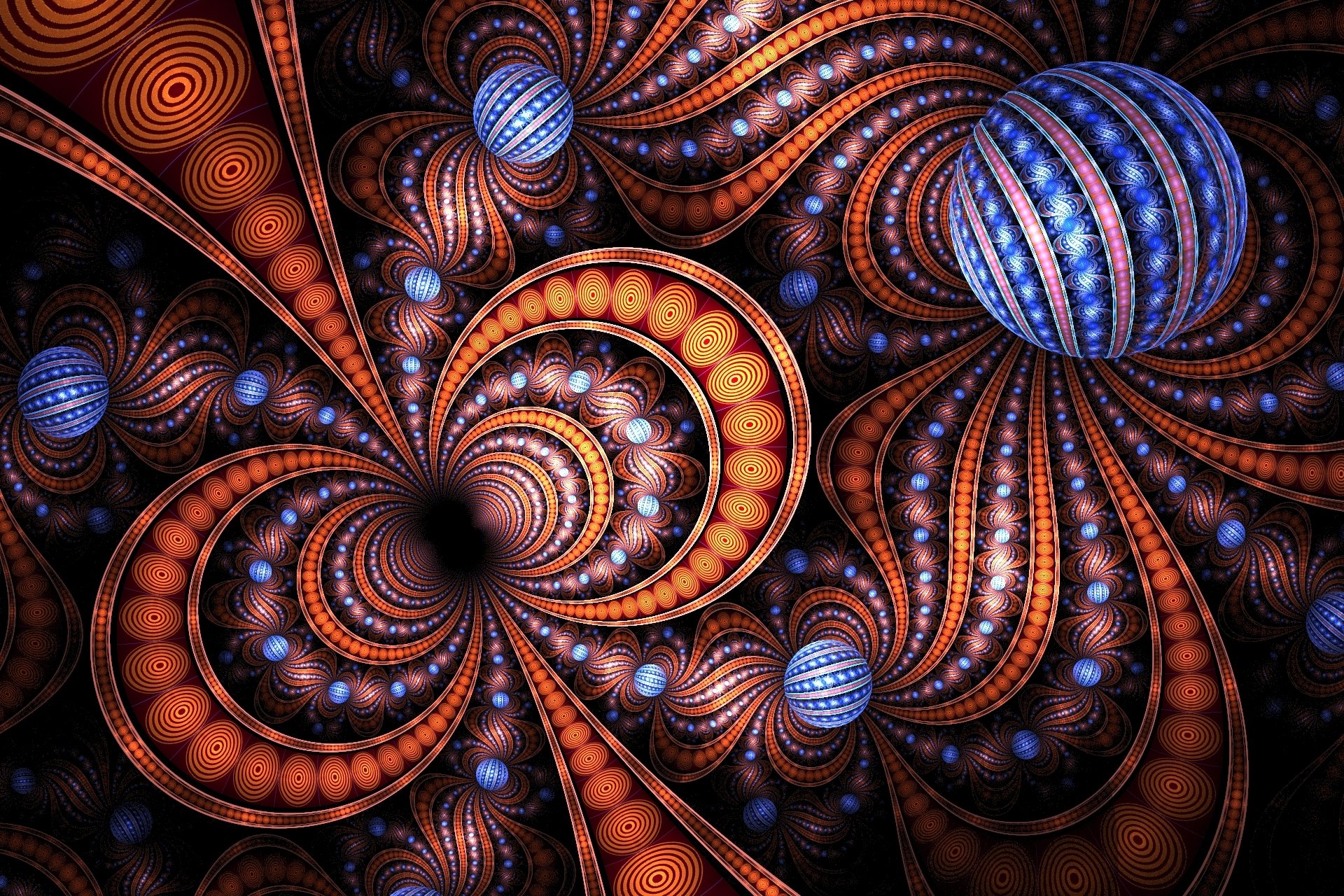 Abstract fractal HD PC desktop wallpaper and background: swirling copper and cobalt spirals with concentric orbs radiating from a dark central vortex.