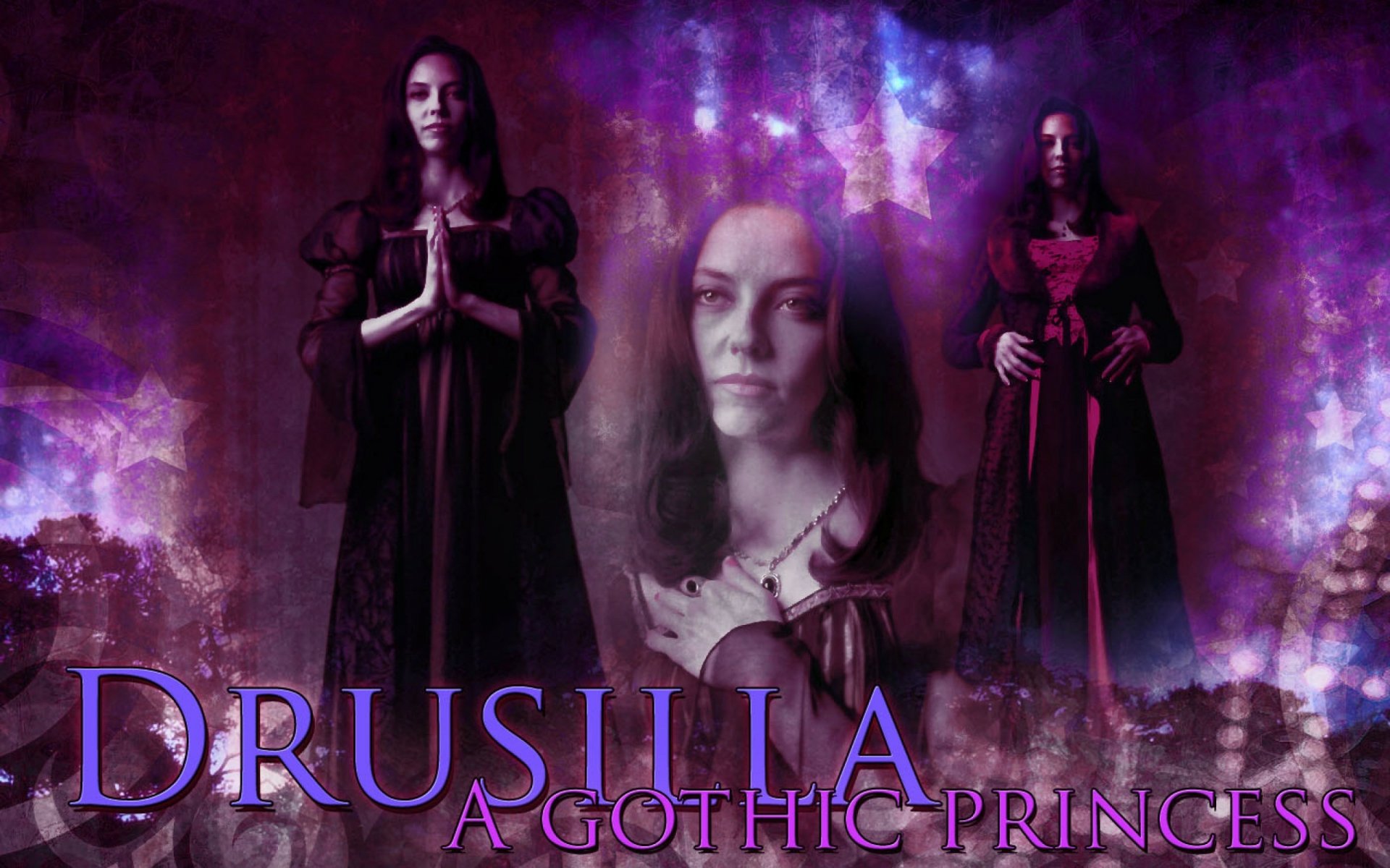 HD desktop wallpaper featuring Drusilla, the gothic princess from the TV show Buffy the Vampire Slayer, set against a dark, mystical purple background.
