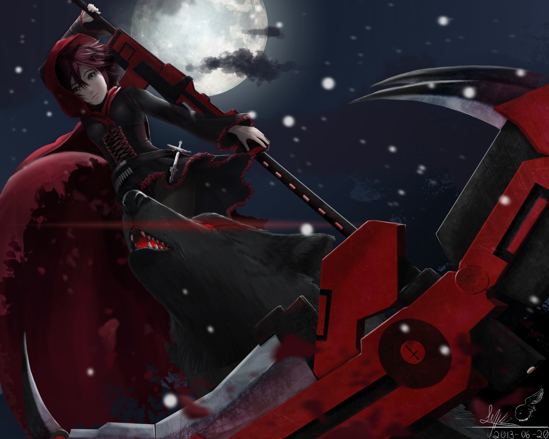 A dramatic HD anime wallpaper featuring a RWBY character wielding a large scythe against a snowy night backdrop, evoking a sense of mystery and adventure.