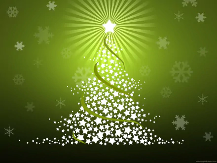 HD PC desktop wallpaper featuring a stylized Christmas tree made of stars with a glowing star on top, set against a green background with snowflakes for the holiday season.