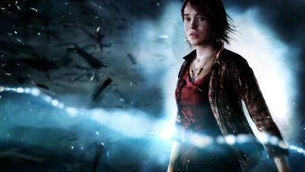 HD PC desktop wallpaper featuring a character from the video game Beyond: Two Souls, set against a dark, atmospheric background with glowing light effects.