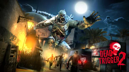 HD PC desktop wallpaper featuring an intense night scene from the video game Dead Trigger 2, with a monstrous zombie reaching out toward fleeing survivors.